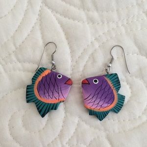 Colorful painted wood wire post fish earrings
